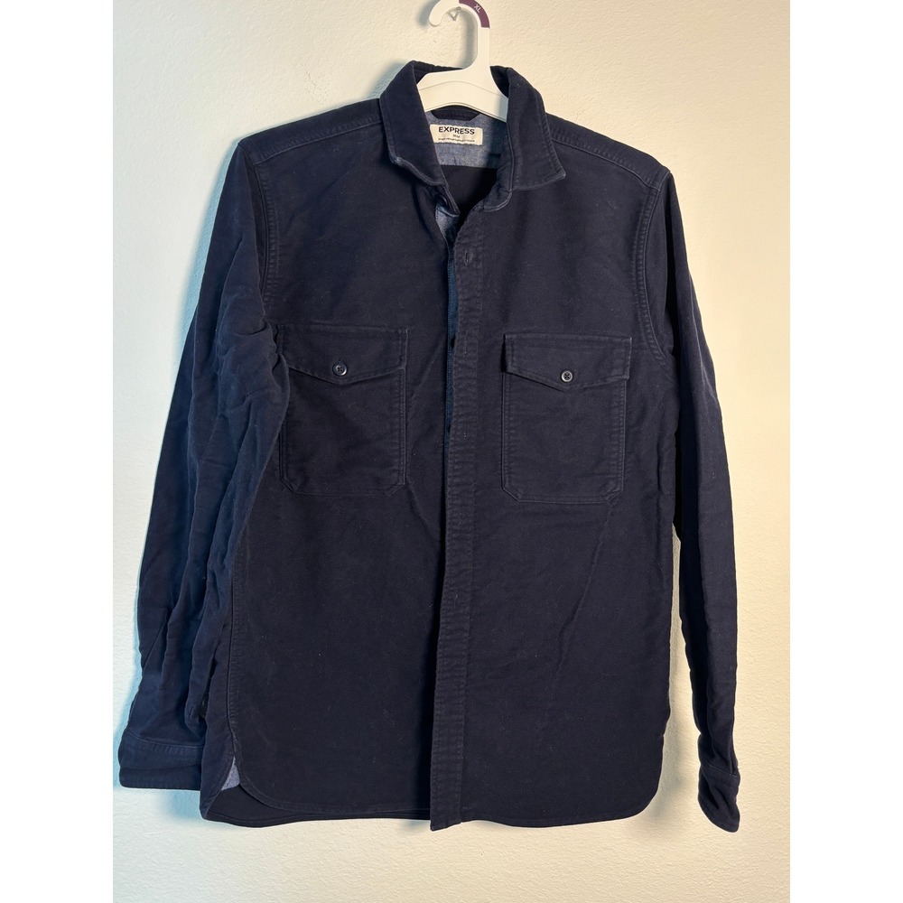Express Mens Navy Blue Flannel Button Down Shirt Long Sleeve Two‎ Pocket Size M